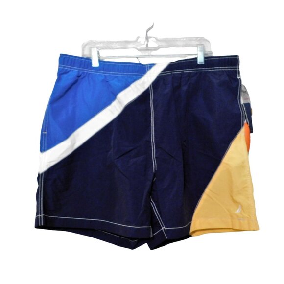 Nautica Swim Shorts XL Blue Yellow Elastic Waist Mesh Lining Drawstring NEW - Picture 1 of 4
